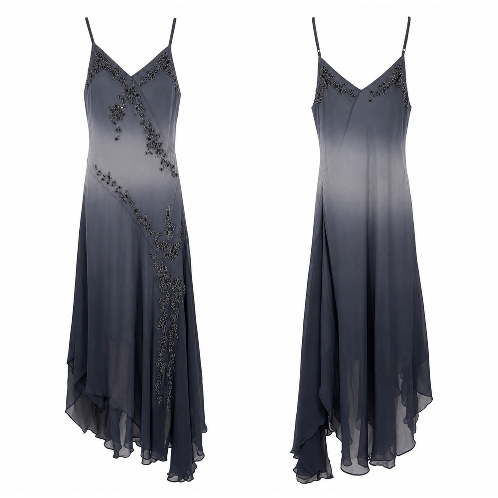 Vintage Scala 100% Silk Beaded Ombre Fairy Whimsigoth Handkerchief Hem Dress L